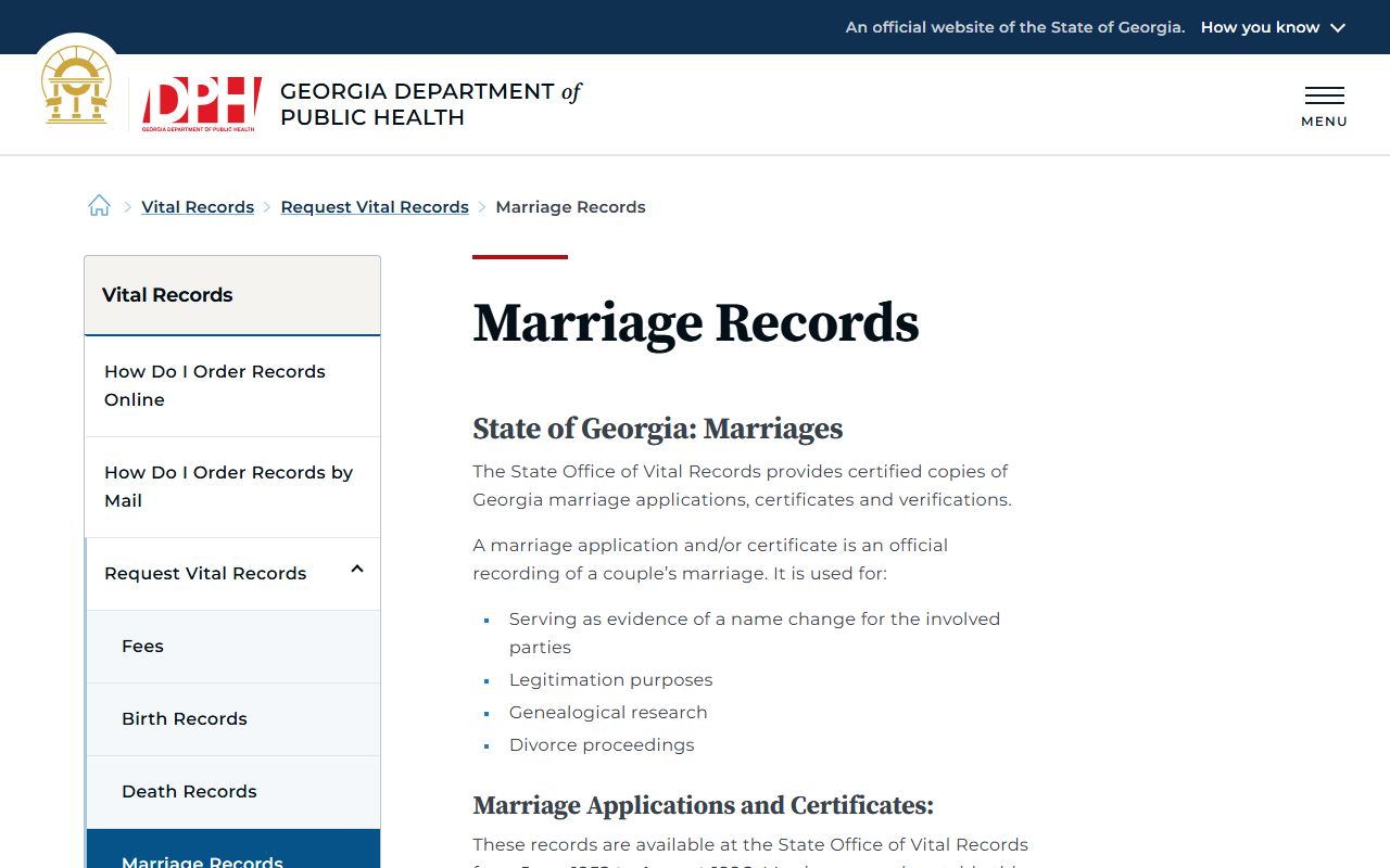 Fulton County marriage records Georgia DPH marriage request page